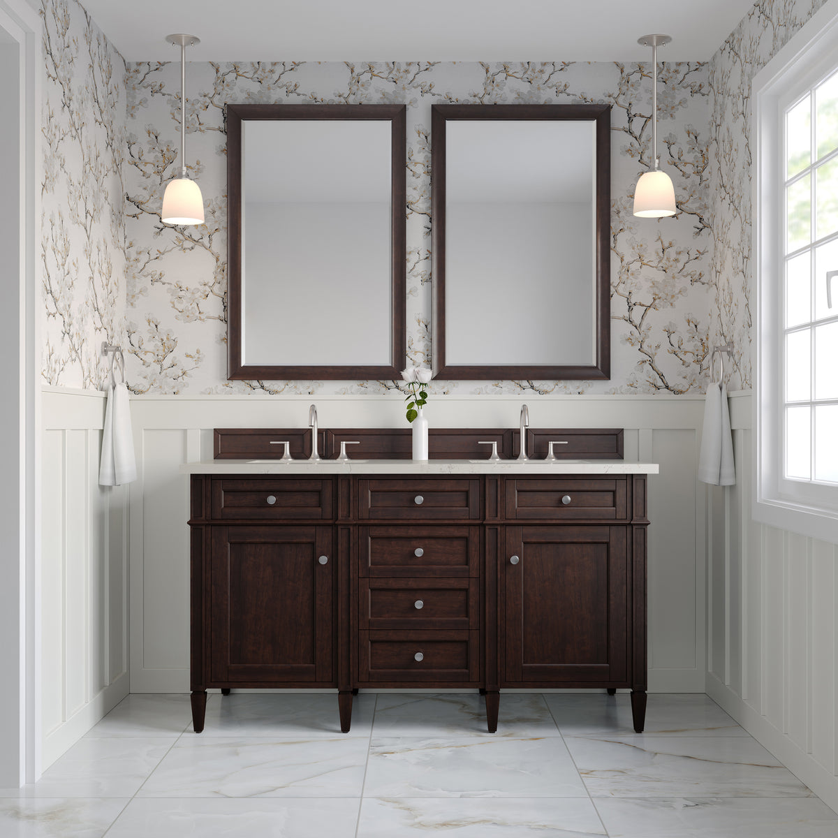 James Martin Vanities Brittany 60" Burnished Mahogany Double Vanity With 3 CM Siberian Silestone Top and FreePower Wireless Charger