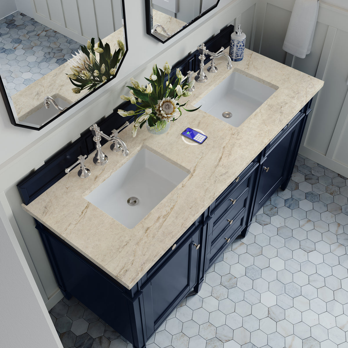 James Martin Vanities Brittany 60" Victory Blue Double Vanity With 3 CM Tajnar Eclos Top and FreePower Wireless Charger