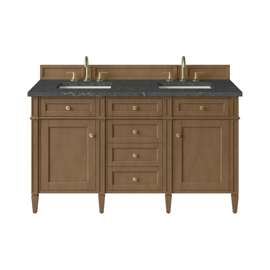James Martin Vanities Brittany 60" Pecan Double Vanity With 3 CM Parisien Bleu Silestone Top