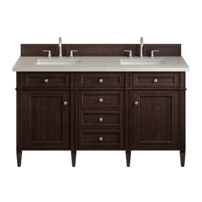 James Martin Vanities Brittany 60" Burnished Mahogany Double Vanity With 3 CM Siberian Silestone Top and FreePower Wireless Charger