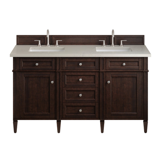 James Martin Vanities Brittany 60" Burnished Mahogany Double Vanity With 3 CM Siberian Silestone Top and FreePower Wireless Charger