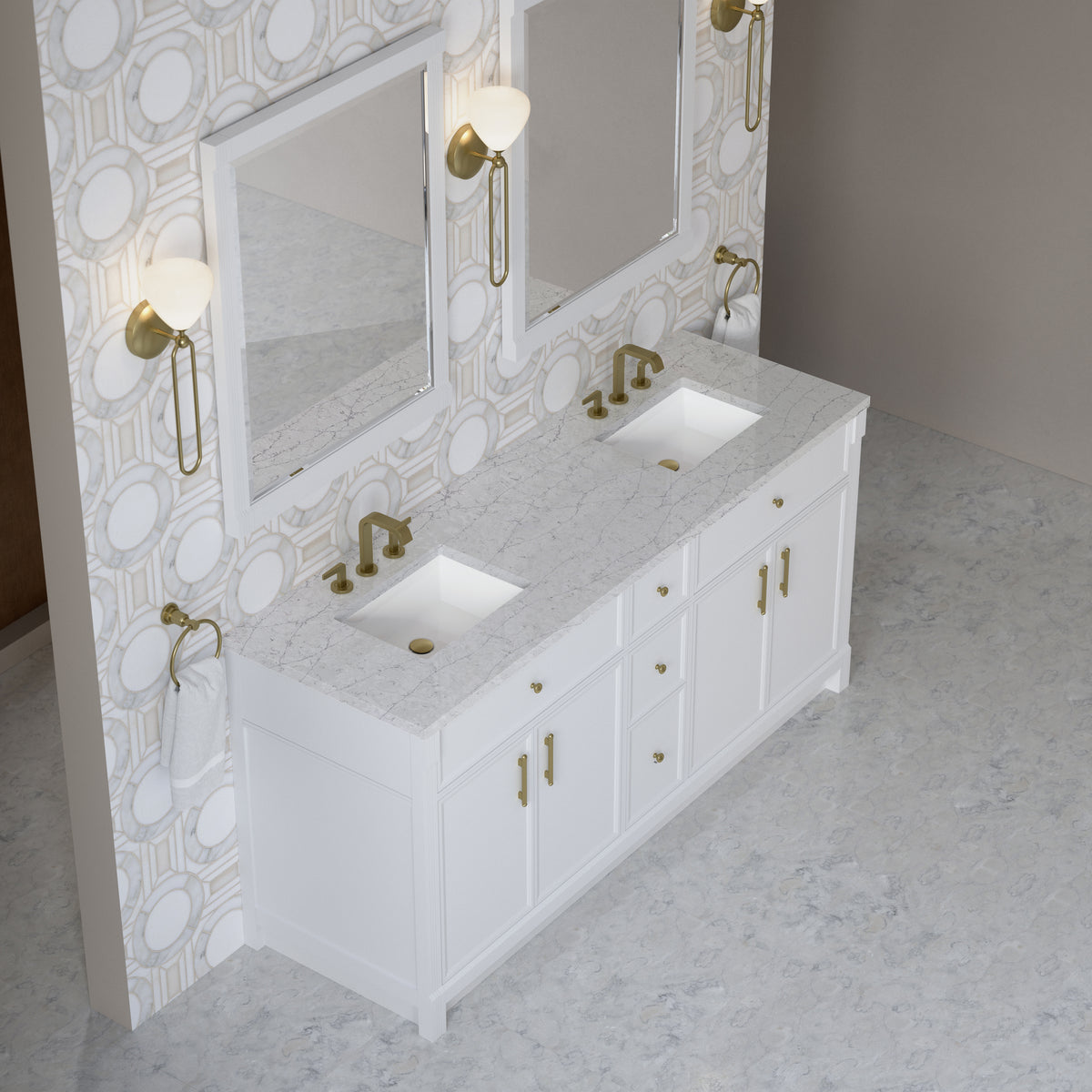James Martin Vanities Bellshire 72" Bright White Double Vanity With 3 CM Eternal Jasmine Pearl Silestone Top