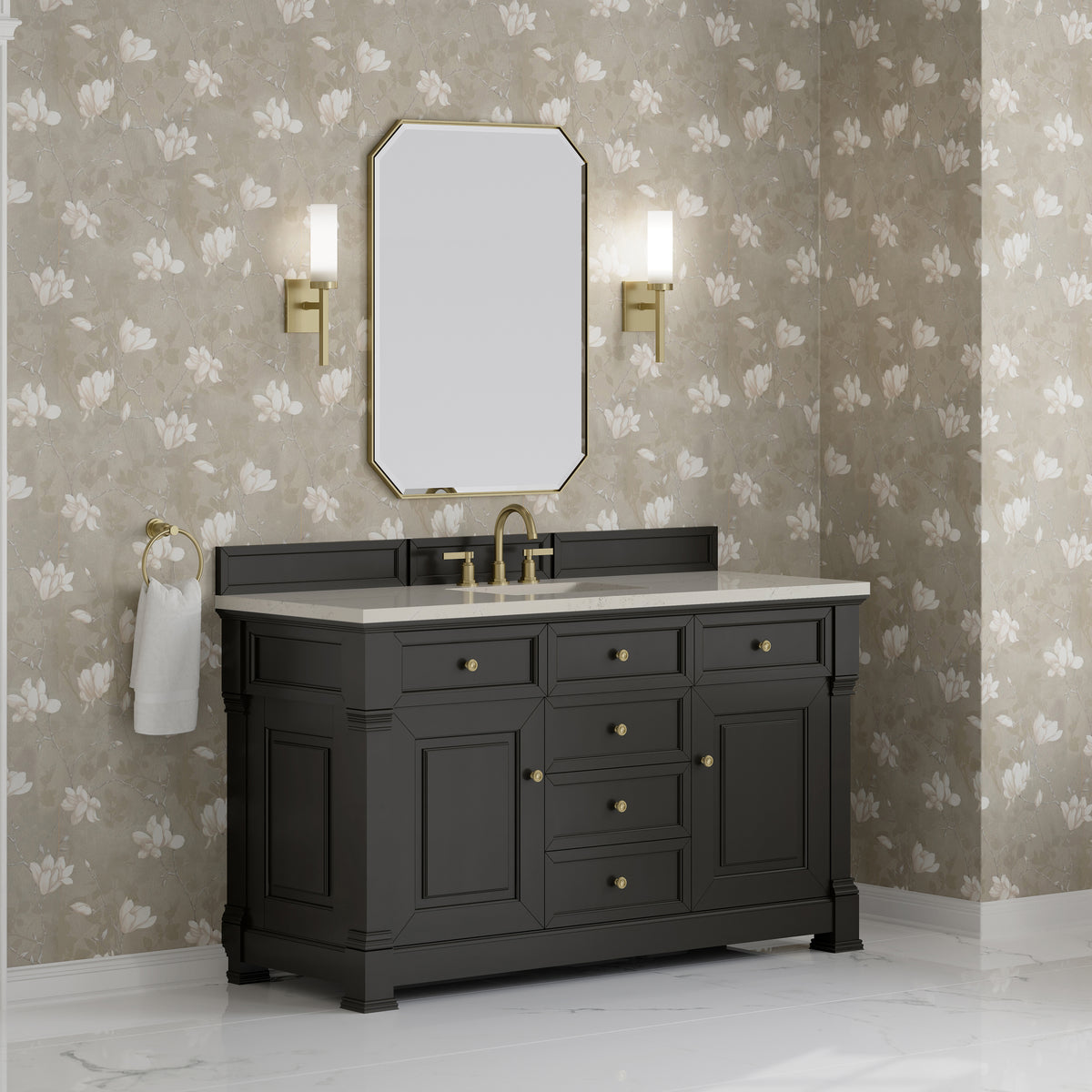 James Martin Vanities Brookfield 60" Black Onyx Single Vanity With 3 CM Siberian Silestone Top and FreePower Wireless Charger
