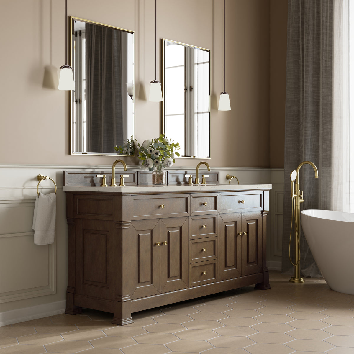 James Martin Vanities Brookfield 72" Pecan Double Vanity With 3 CM Siberian Silestone Top