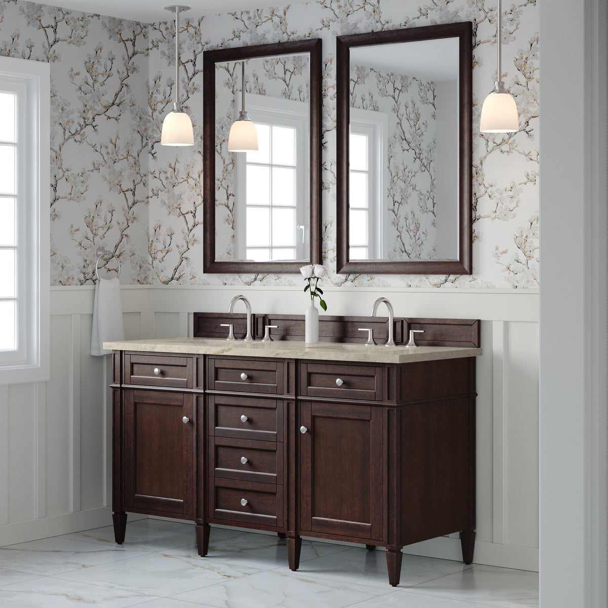 James Martin Vanities Brittany 60" Burnished Mahogany Double Vanity With 3 CM Tajnar Eclos Top