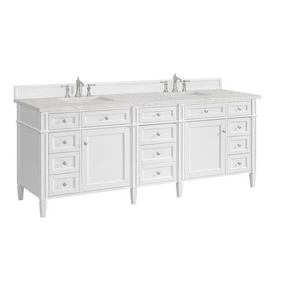 James Martin Vanities Brittany 84" Bright White Double Vanity With 3 CM Eternal Jasmine Pearl Top and FreePower Wireless Charger