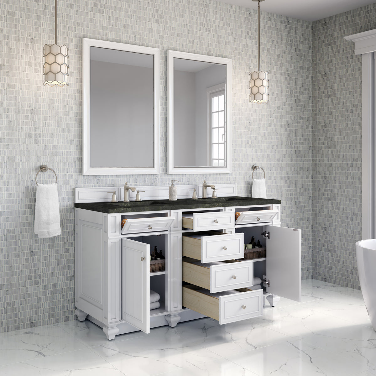 James Martin Vanities Bristol 60" Bright White Double Vanity With 3 CM Phantome Eclos Top