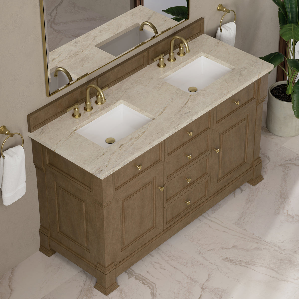 James Martin Vanities Brookfield 60" Pecan Double Vanity With 3 CM Tajnar Eclos Top