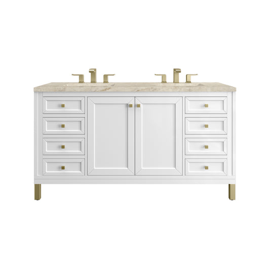 James Martin Vanities Chicago 60" Glossy White Double Vanity With 3 CM Tajnar Eclos Top and FreePower Wireless Charger