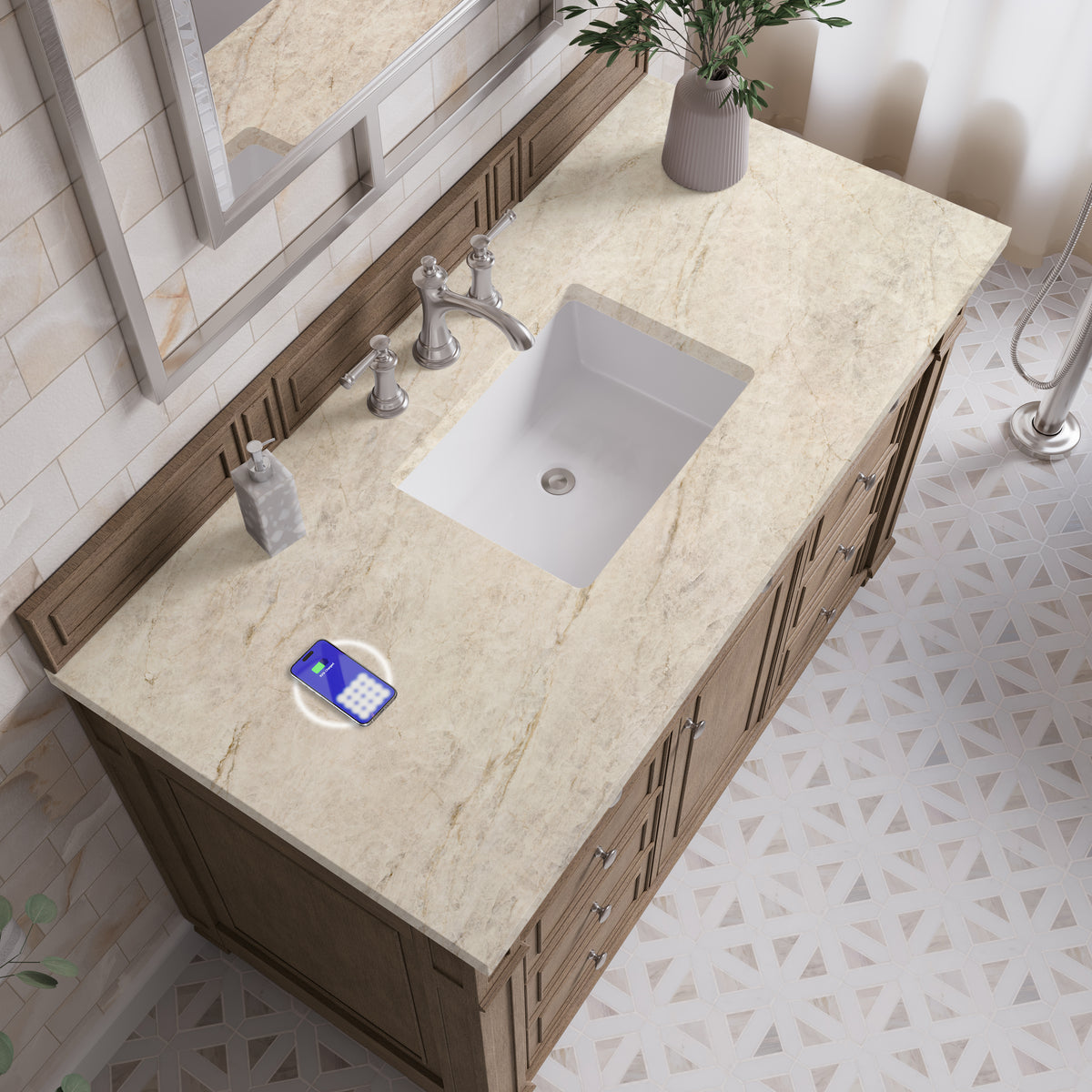 James Martin Vanities Bristol 48" Whitewashed Walnut Single Vanity With 3 CM Tajnar Eclos Top and FreePower Wireless Charger