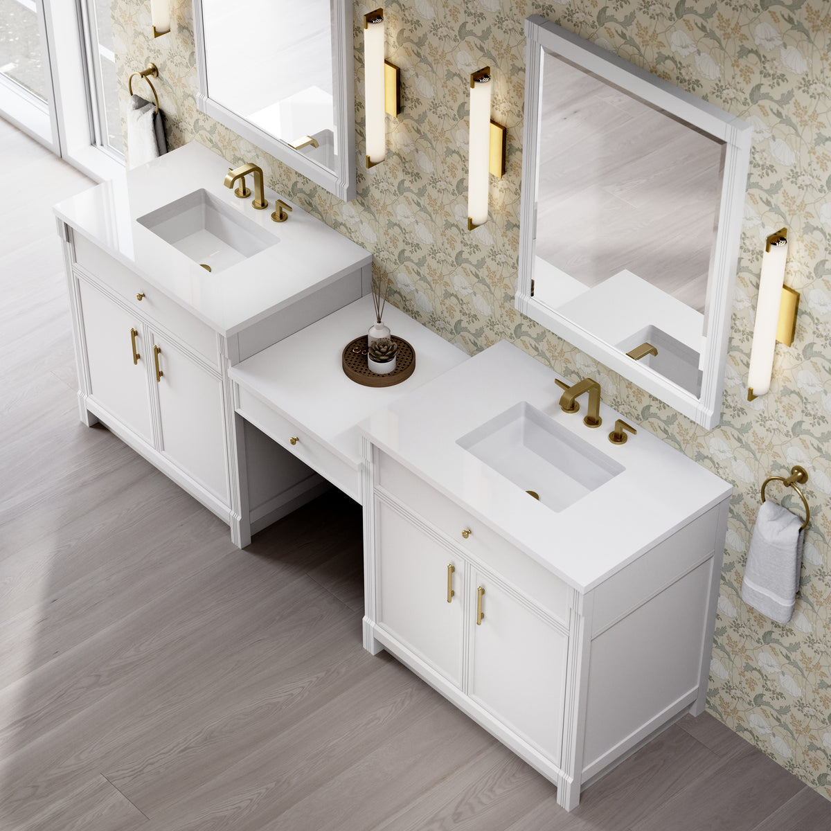 James Martin Vanities Bellshire 96" Bright White Dual Vanity Set With 3 cm White Zeus Silestone Top and 24" Make-Up Counter