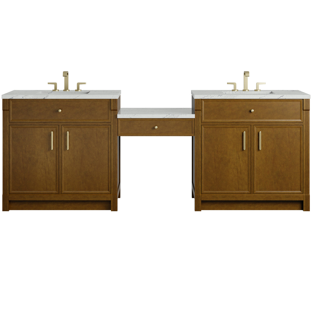 James Martin Vanities Bellshire 96" Honey Oak Dual Vanity Set With 3 cm Ethereal Noctis Silestone Top and 24" Make-Up Counter