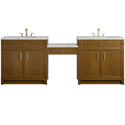 James Martin Vanities Bellshire 96" Honey Oak Dual Vanity Set With 3 cm Ethereal Noctis Silestone Top and 24" Make-Up Counter