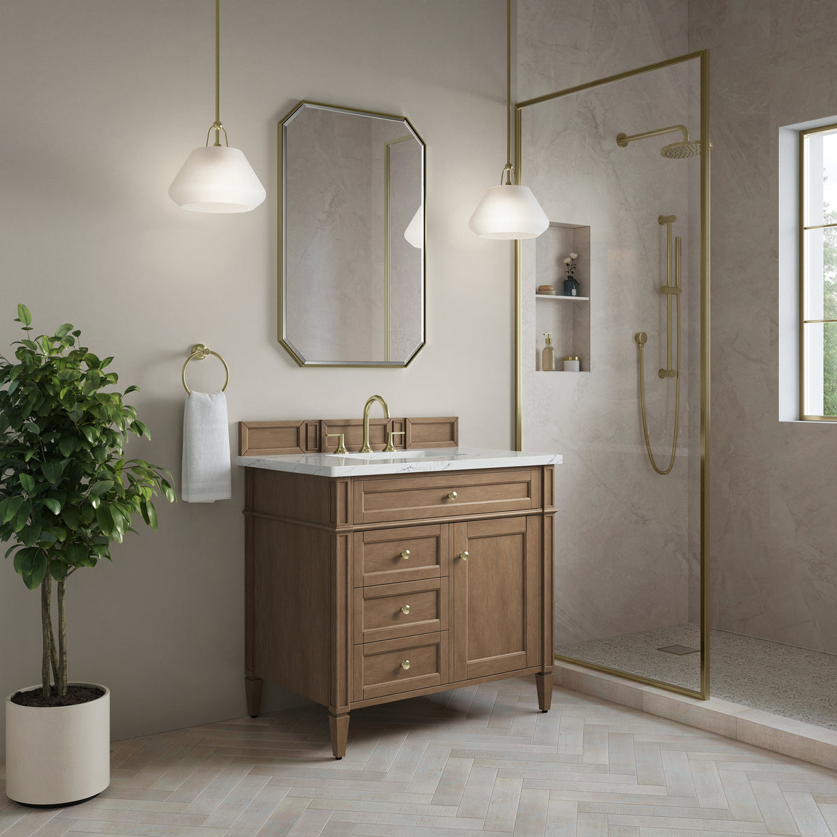 James Martin Vanities Brittany 36" Pecan Single Vanity With 3 CM Ethereal Noctis Silestone Top