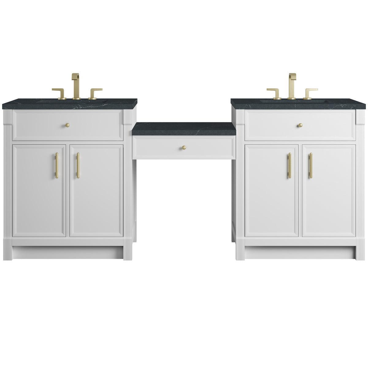 James Martin Vanities Bellshire 84" Bright White Dual Vanity Set With 3 cm Charcoal Soapstone Silestone Top and 24" Make-Up Counter