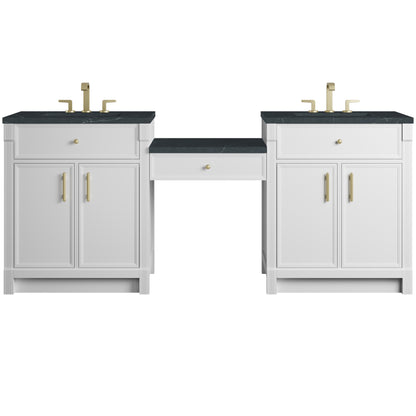 James Martin Vanities Bellshire 84" Bright White Dual Vanity Set With 3 cm Charcoal Soapstone Silestone Top and 24" Make-Up Counter