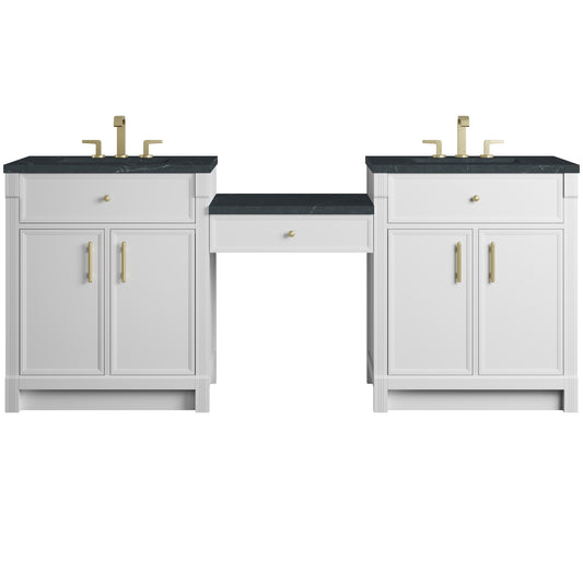 James Martin Vanities Bellshire 84" Bright White Dual Vanity Set With 3 cm Charcoal Soapstone Silestone Top and 24" Make-Up Counter