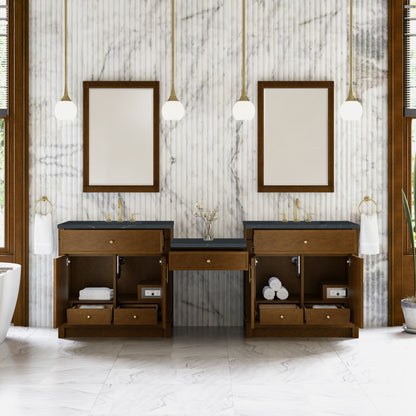 James Martin Vanities Bellshire 96" Honey Oak Dual Vanity Set With 3 cm Charcoal Soapstone Silestone Top and 24" Make-Up Counter
