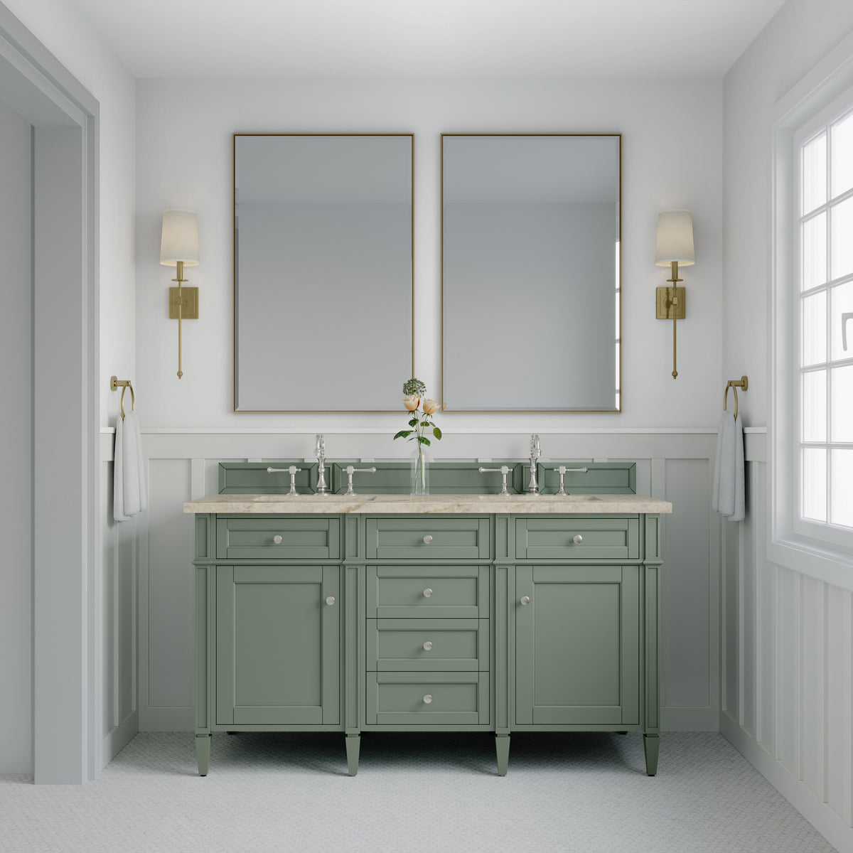 James Martin Vanities Brittany 60" Smokey Celadon Double Vanity With 3 CM Tajnar Eclos Top
