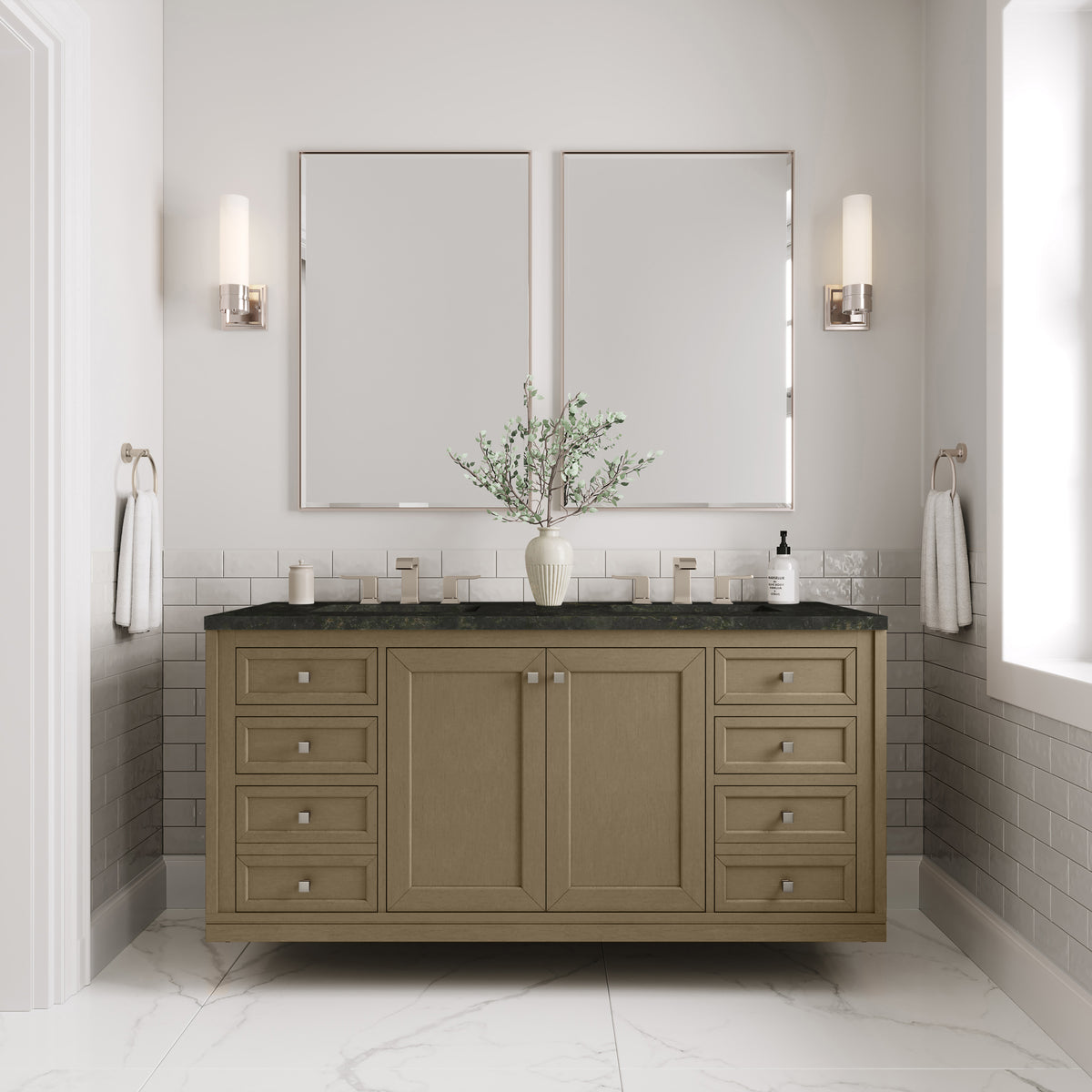 James Martin Vanities Chicago 60" Walnut Whisper Double Vanity With 3 CM Phantome Eclos Top