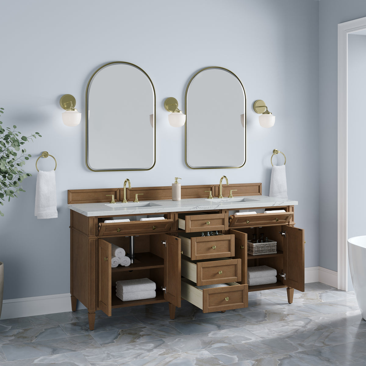 James Martin Vanities Brittany 72" Pecan Double Vanity With 3 CM Ethereal Noctis Silestone Top