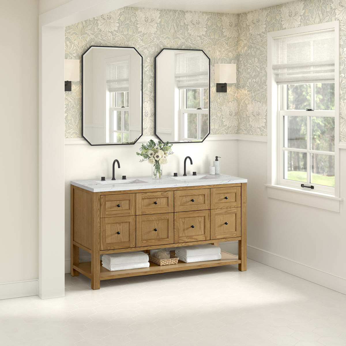 James Martin Vanities Breckenridge 60" Light Natural Oak Double Vanity With 3cm Ethereal Noctis Quartz Top and FreePower Wireless Charger