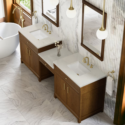 James Martin Vanities Bellshire 96" Honey Oak Dual Vanity Set With 3 cm Siberian Silestone Top and 24" Make-Up Counter