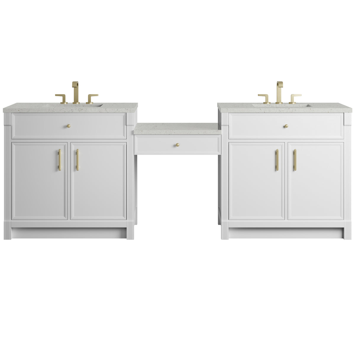 James Martin Vanities Bellshire 96" Bright White Dual Vanity Set With 3 cm Lime Delight Silestone Top and 24" Make-Up Counter