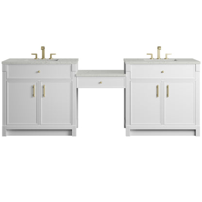 James Martin Vanities Bellshire 96" Bright White Dual Vanity Set With 3 cm Lime Delight Silestone Top and 24" Make-Up Counter