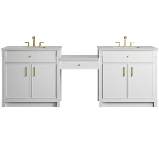 James Martin Vanities Bellshire 96" Bright White Dual Vanity Set With 3 cm Lime Delight Silestone Top and 24" Make-Up Counter