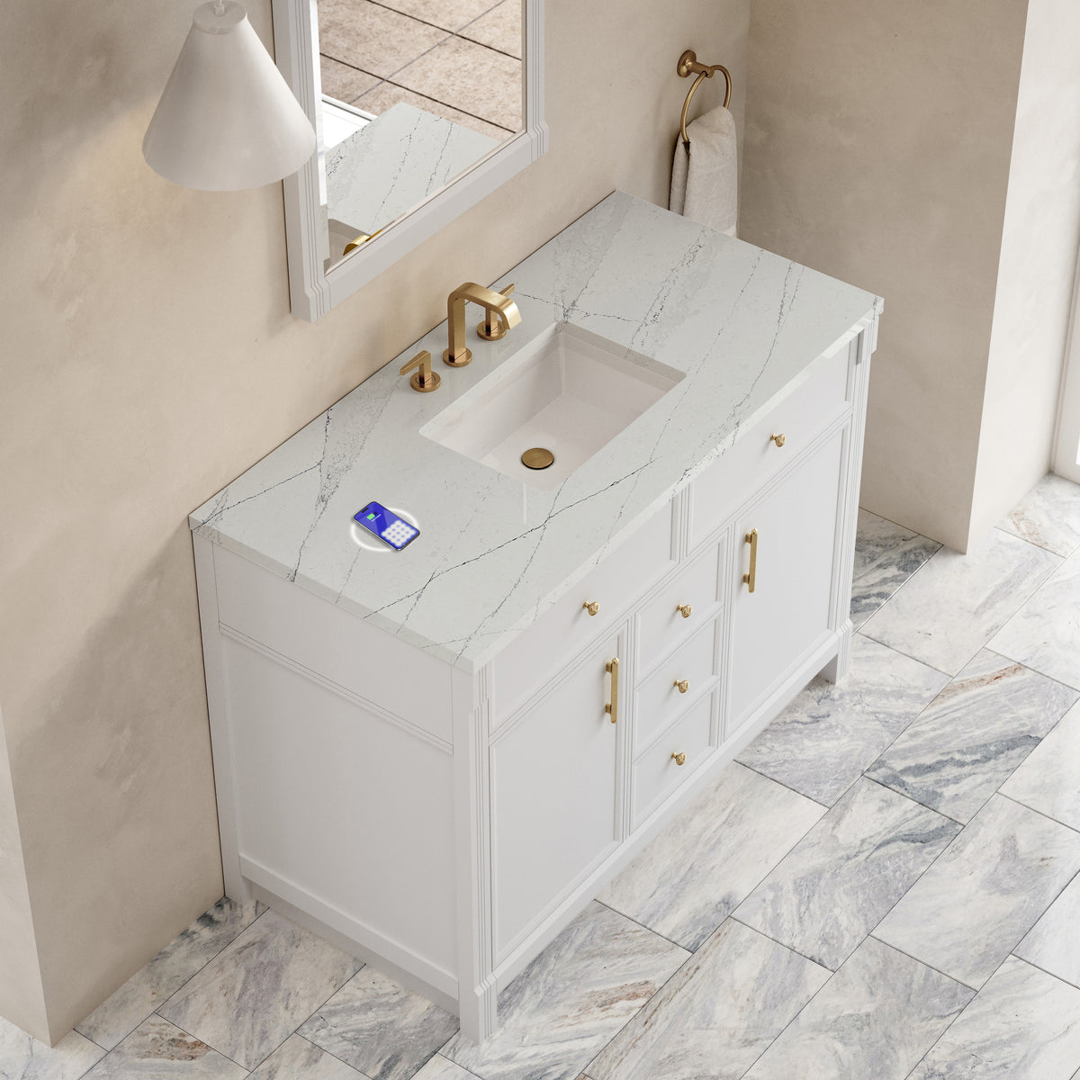 James Martin Vanities Bellshire 48" Bright White Single Vanity With 3 CM Ethereal Noctis Silestone Top and FreePower Wireless Charger