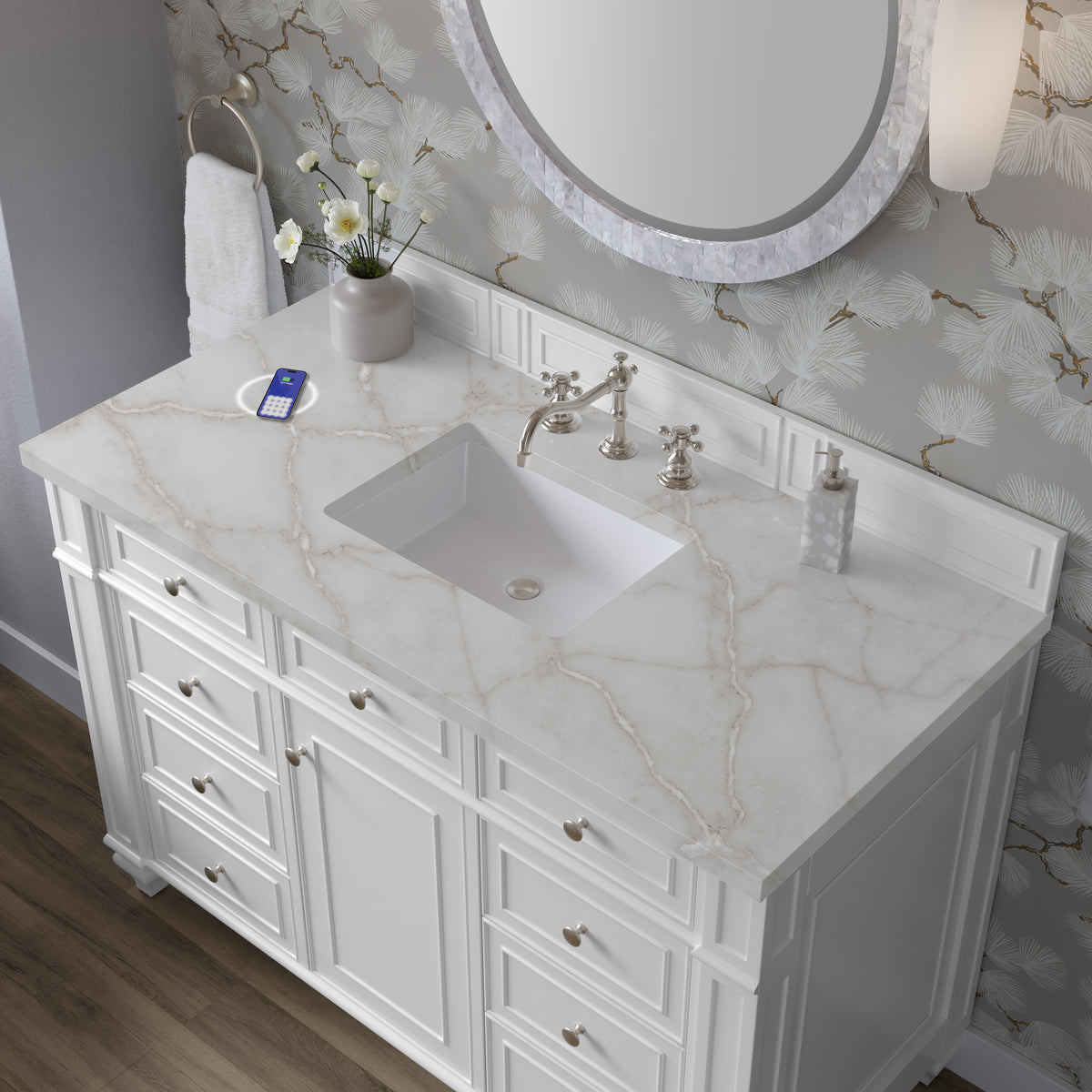 James Martin Vanities Bristol 48" Bright White Single Vanity With 3 CM Victorian Silver Silestone Top and FreePower Wireless Charger