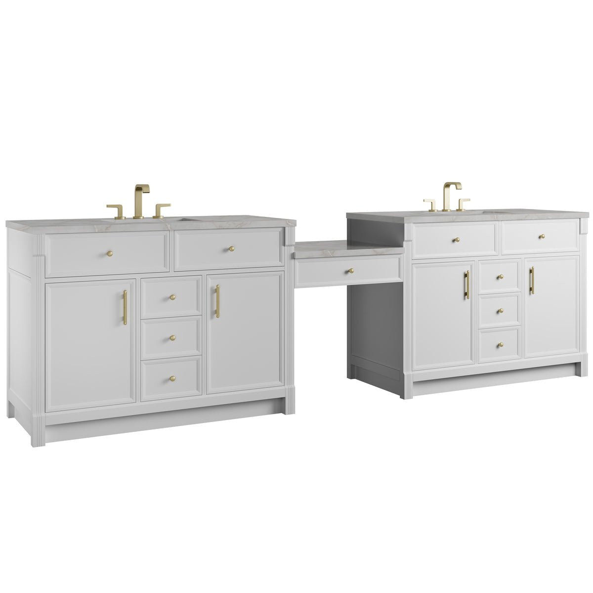 James Martin Vanities Bellshire 120" Bright White Dual Vanity Set With 3 cm Victorian Silver Silestone Top, FreePower Wireless Charger and 24" Make-Up Counter