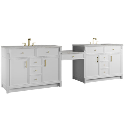 James Martin Vanities Bellshire 120" Bright White Dual Vanity Set With 3 cm Victorian Silver Silestone Top, FreePower Wireless Charger and 24" Make-Up Counter