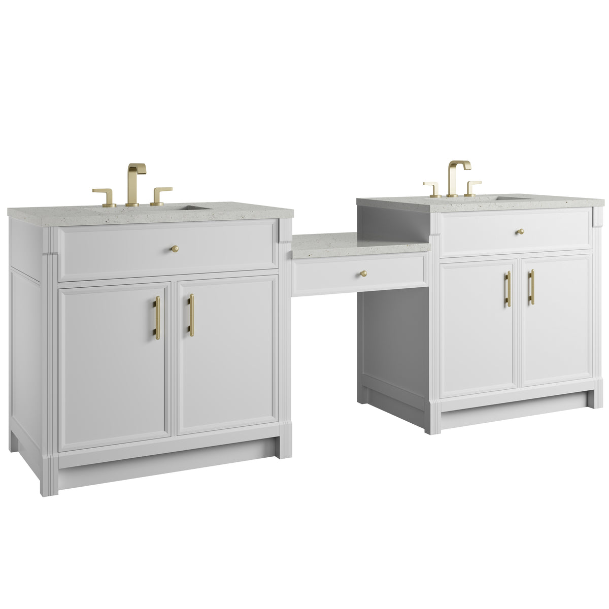James Martin Vanities Bellshire 96" Bright White Dual Vanity Set With 3 cm Lime Delight Silestone Top and 24" Make-Up Counter