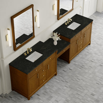 James Martin Vanities Bellshire 120" Honey Oak Dual Vanity Set With 3 cm Phantome Eclos Top and 24" Make-Up Counter