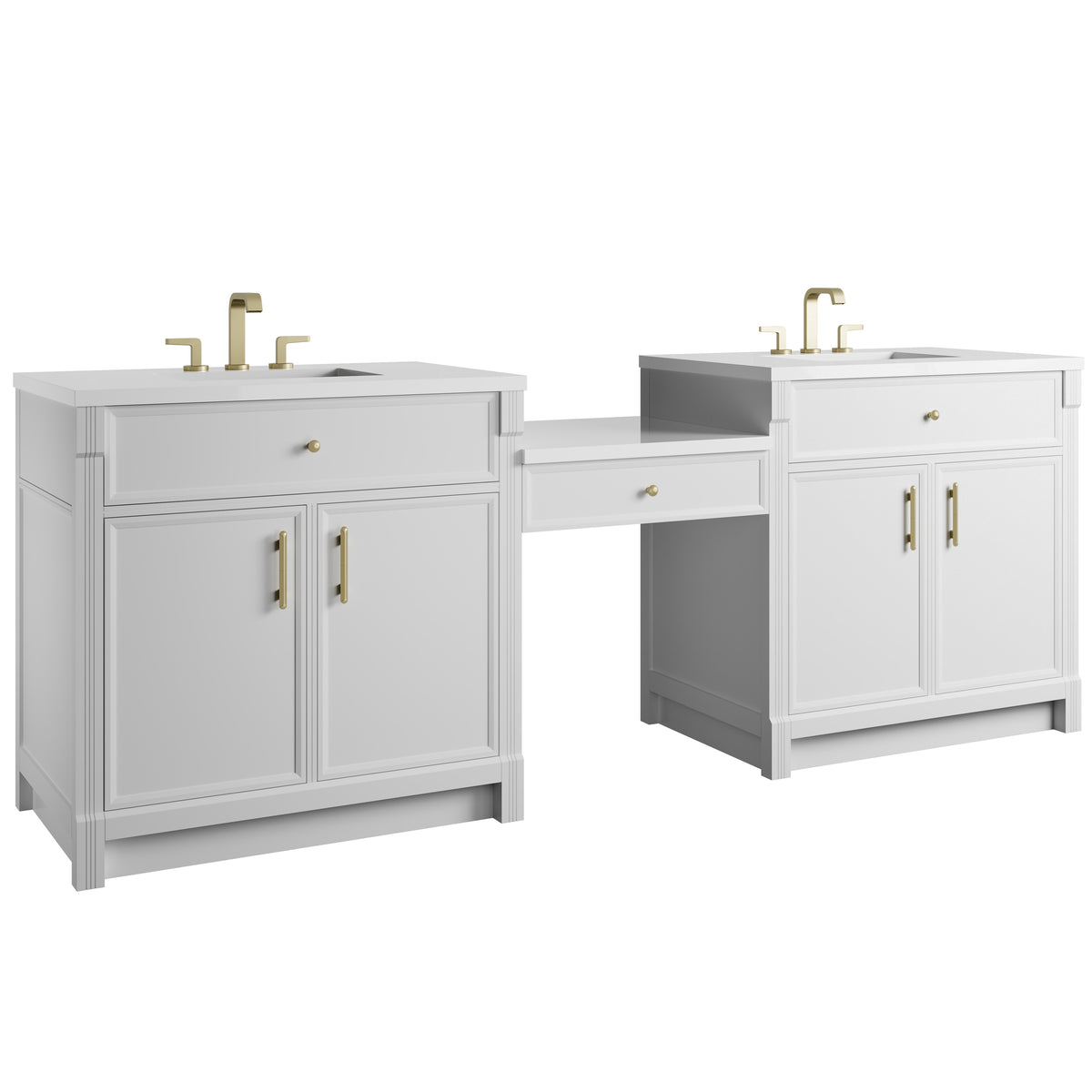 James Martin Vanities Bellshire 96" Bright White Dual Vanity Set With 3 cm White Zeus Silestone Top and 24" Make-Up Counter