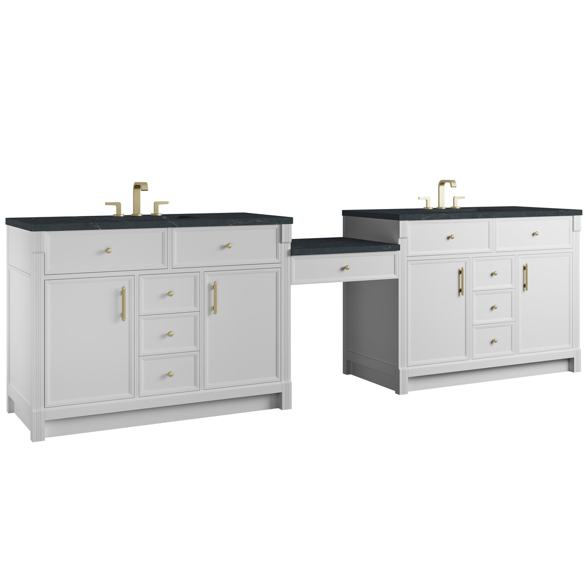 James Martin Vanities Bellshire 120" Bright White Dual Vanity Set With 3 cm Charcoal Soapstone Silestone Top and 24" Make-Up Counter