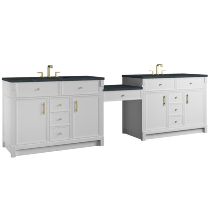 James Martin Vanities Bellshire 120" Bright White Dual Vanity Set With 3 cm Charcoal Soapstone Silestone Top and 24" Make-Up Counter