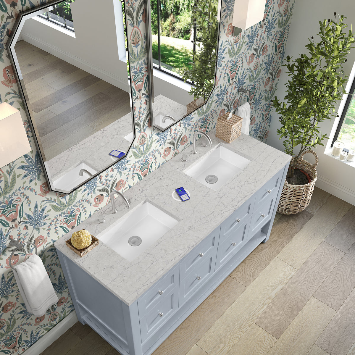 James Martin Vanities Breckenridge 60" Serenity Blue Double Vanity With 3cm Eternal Jasmine Pearl Quartz Top and FreePower Wireless Charger