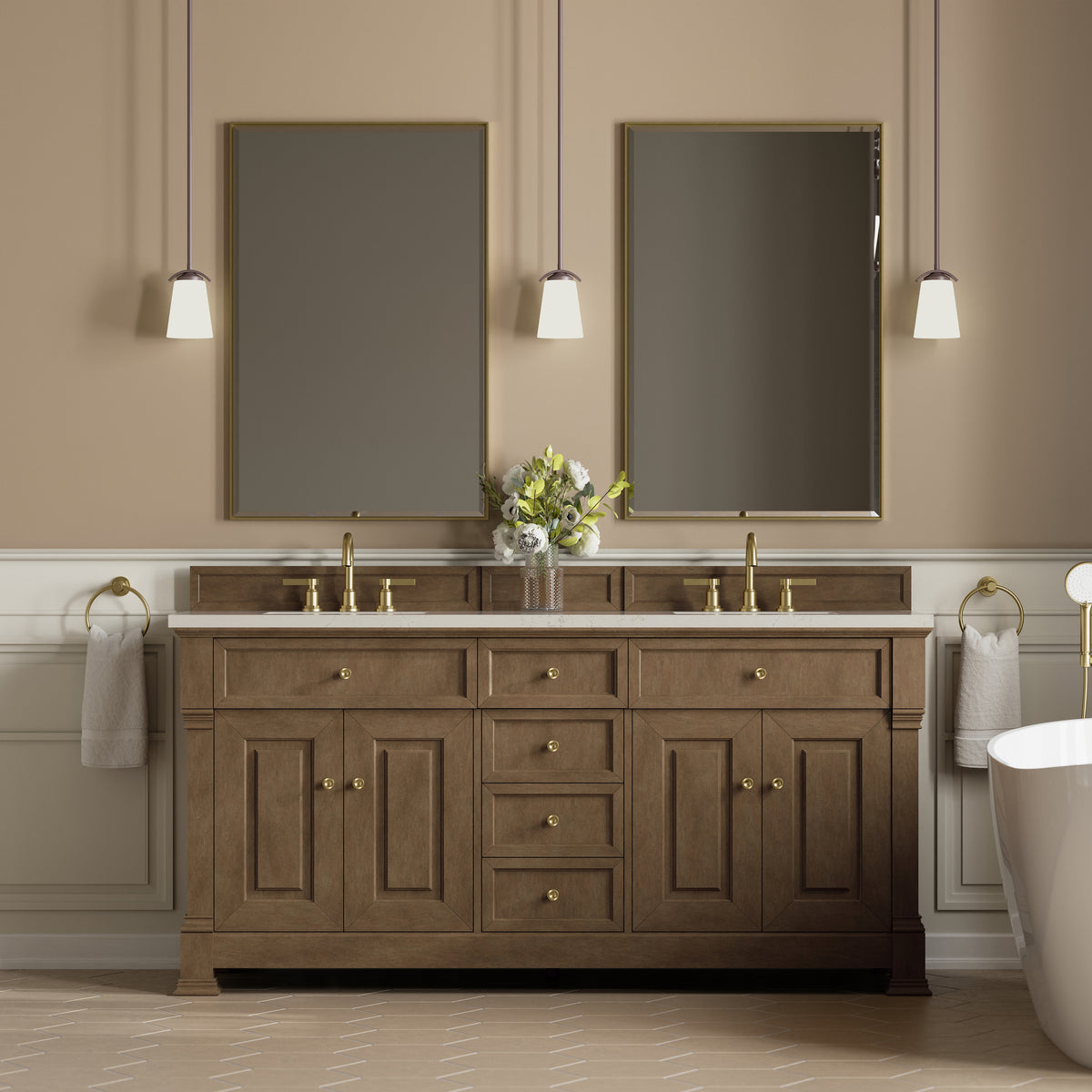 James Martin Vanities Brookfield 72" Pecan Double Vanity With 3 CM Siberian Silestone Top