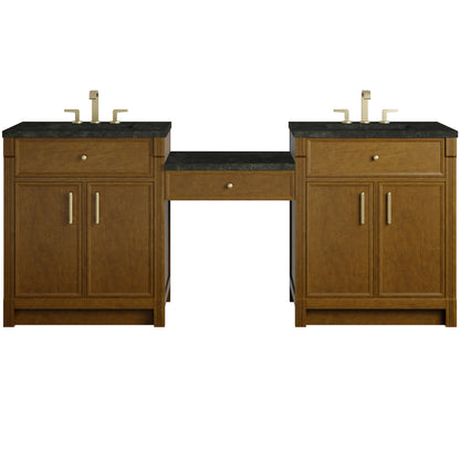 James Martin Vanities Bellshire 84" Honey Oak Dual Vanity Set With 3 cm Phantome Eclos Top and 24" Make-Up Counter