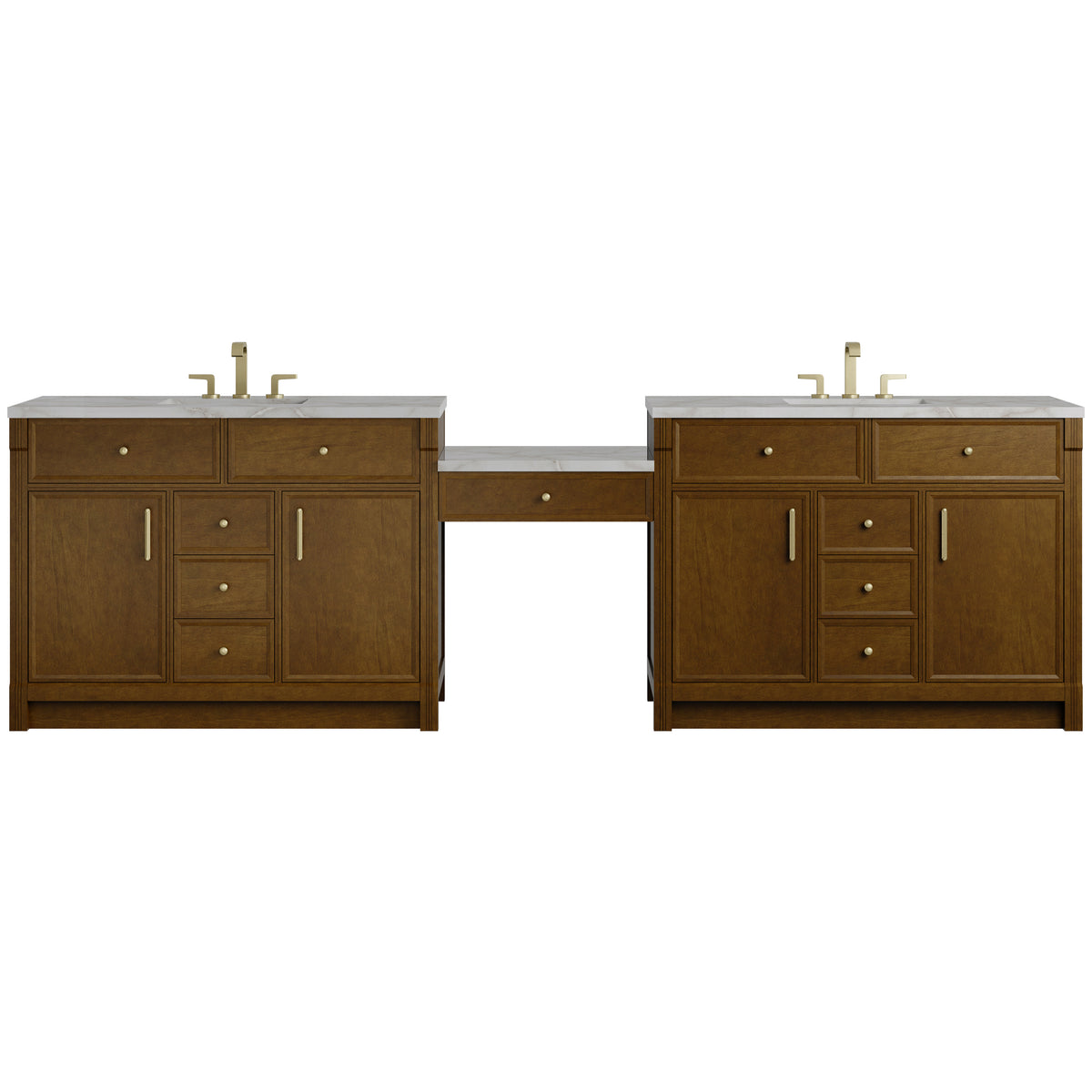 James Martin Vanities Bellshire 120" Honey Oak Dual Vanity Set With 3 cm Victorian Silver Silestone Top and 24" Make-Up Counter