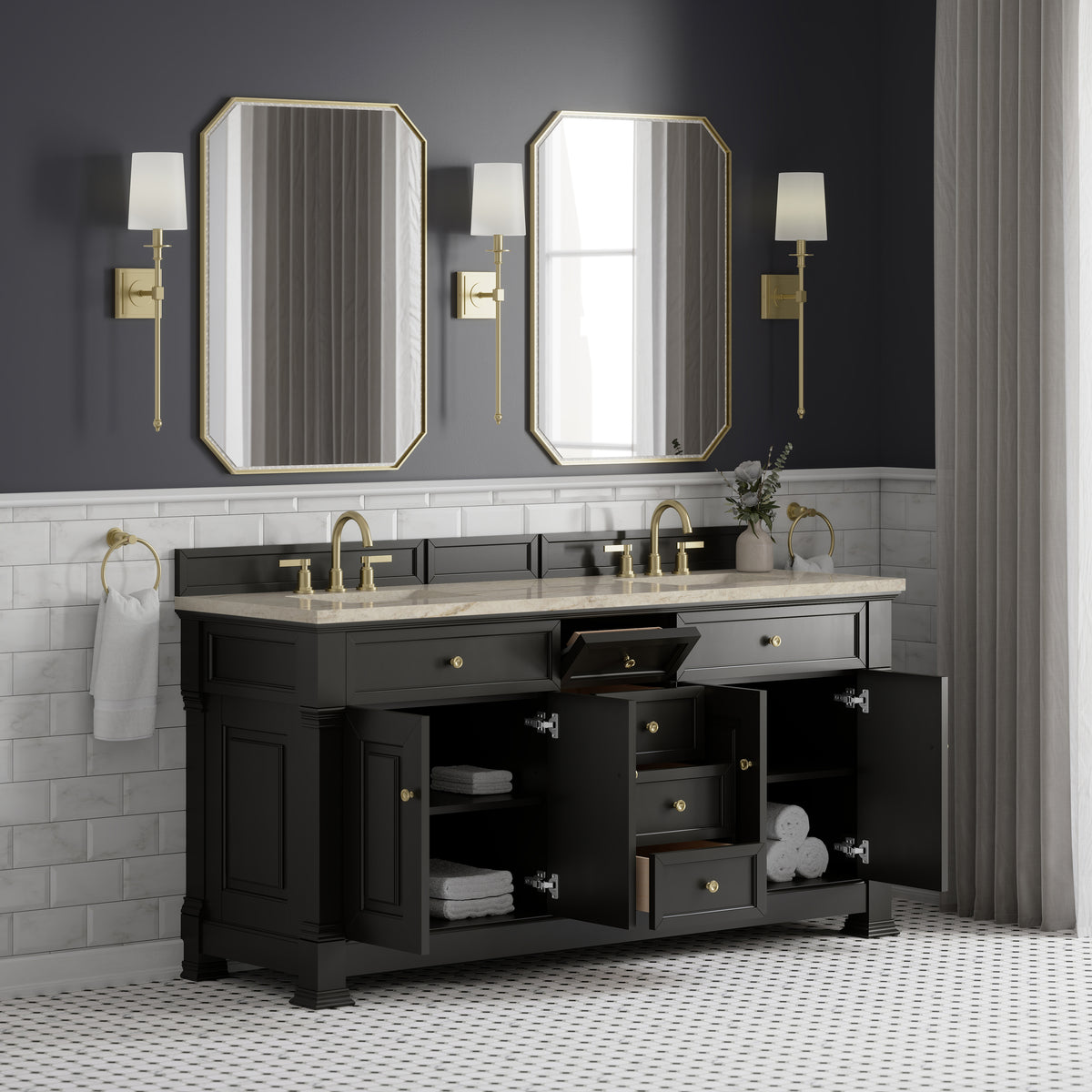 James Martin Vanities Brookfield 72" Black Onyx Double Vanity With 3 CM Tajnar Eclos Top