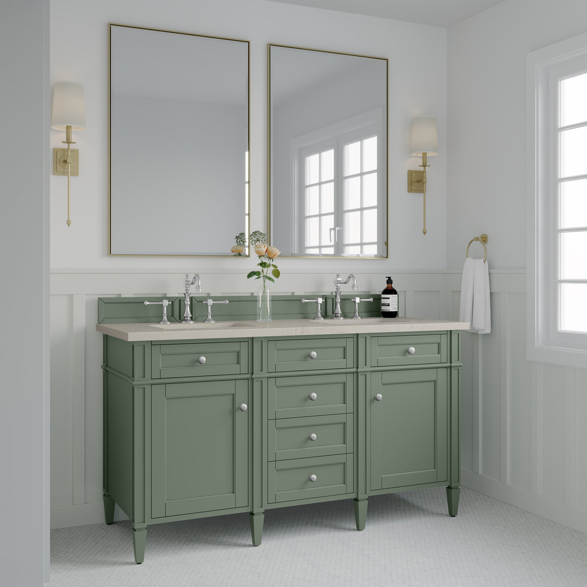 James Martin Vanities Brittany 60" Smokey Celadon Double Vanity With 3 CM Siberian Silestone Top