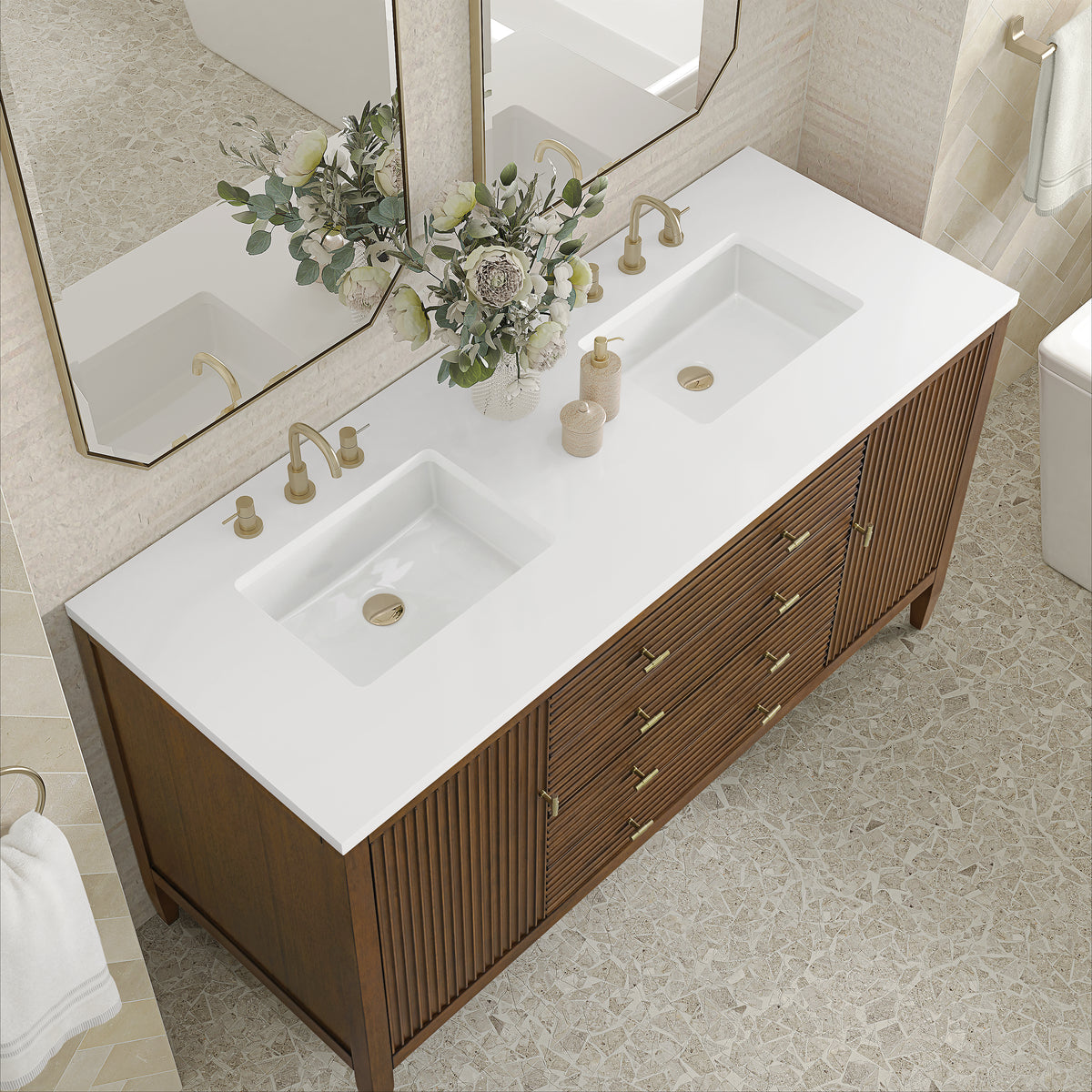 James Martin Vanities Myrrin 60" Mid-Century Walnut Double Vanity Mid
