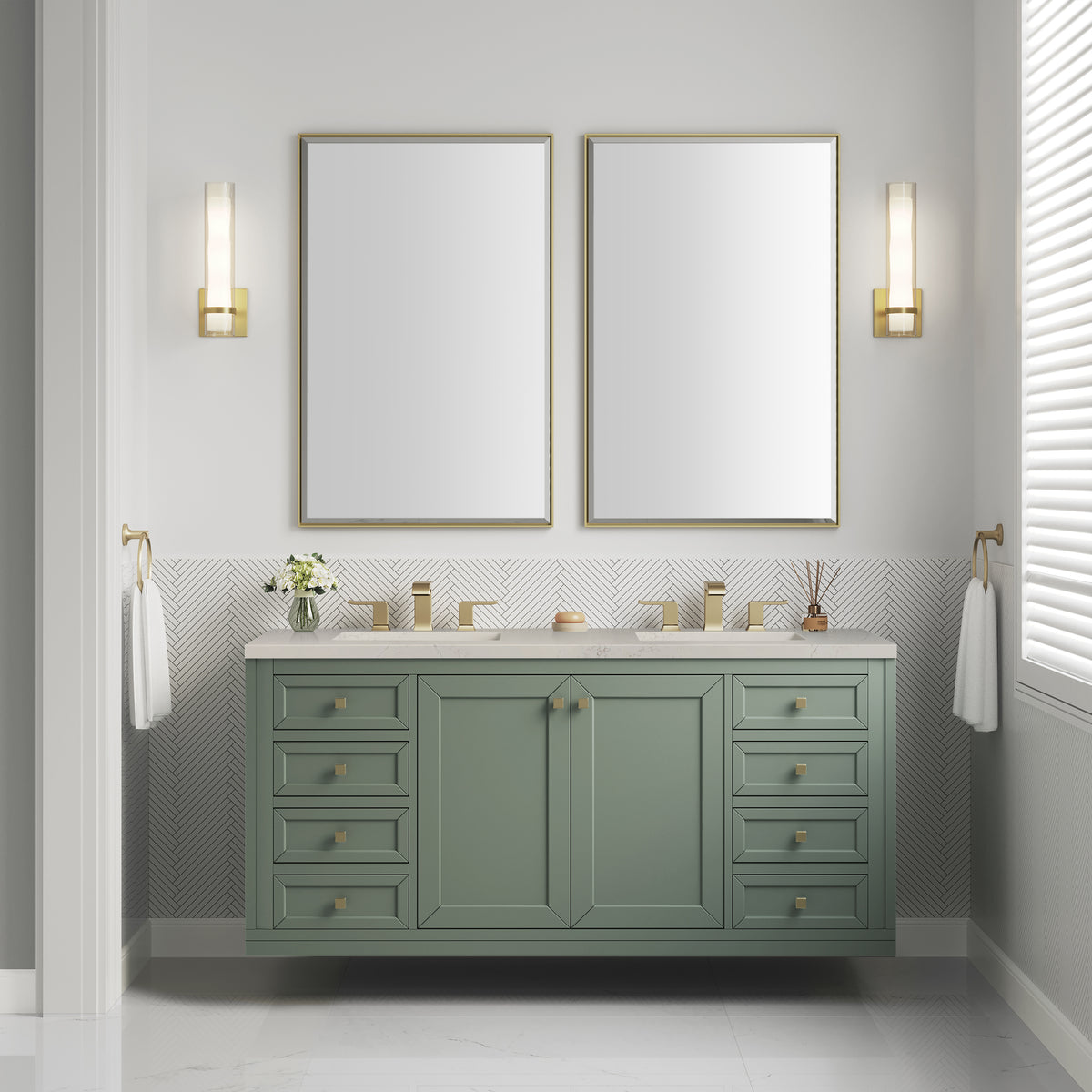 James Martin Vanities Chicago 60" Smokey Celadon Double Vanity With 3 CM Siberian Silestone Top and FreePower Wireless Charger
