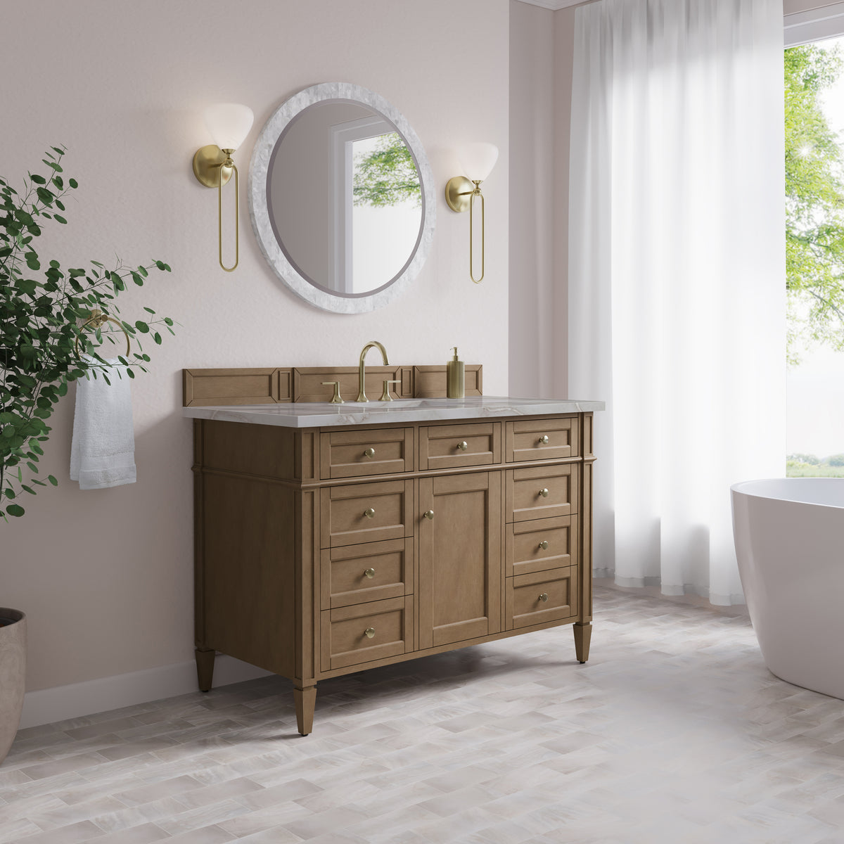 James Martin Vanities Brittany 48" Pecan Single Vanity With 3 CM Victorian Silver Silestone Top and FreePower Wireless Charger
