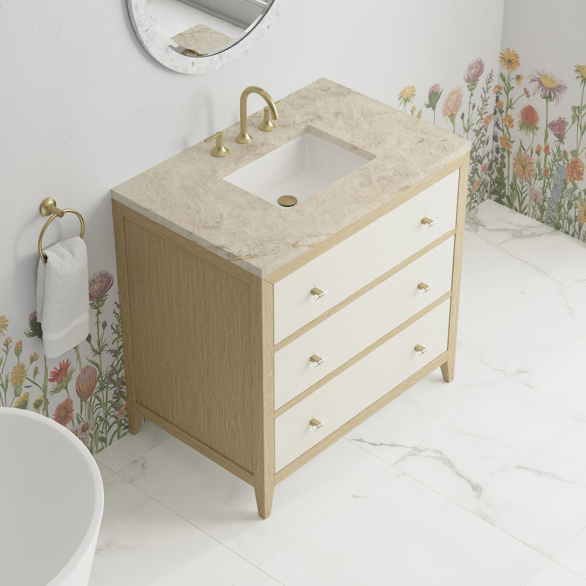 James Martin Vanities Celeste 36" Sunwashed Oak with Embossed Shagreen Single Vanity With 3 CM Tajnar Eclos Top