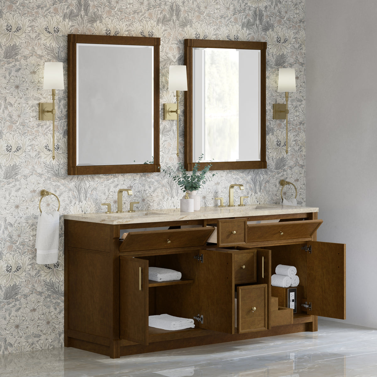 James Martin Vanities Bellshire 72" Honey Oak Double Vanity With 3 CM Tajnar Eclos Top